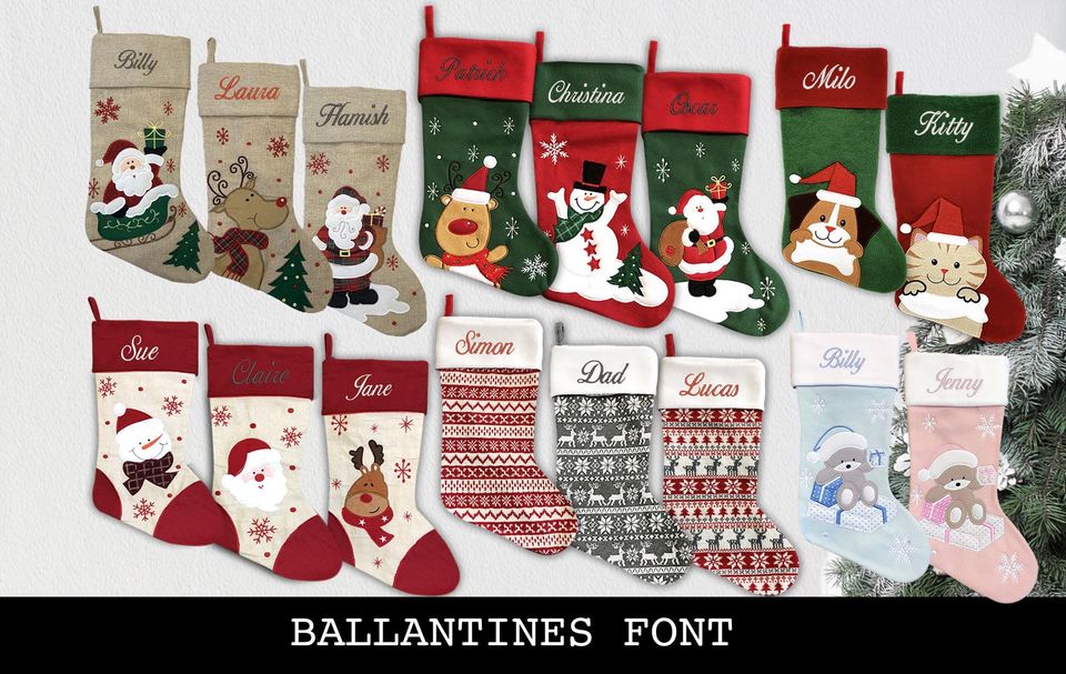 Custom Christmas Stocking - Ballantines Font - Embroidered Name.