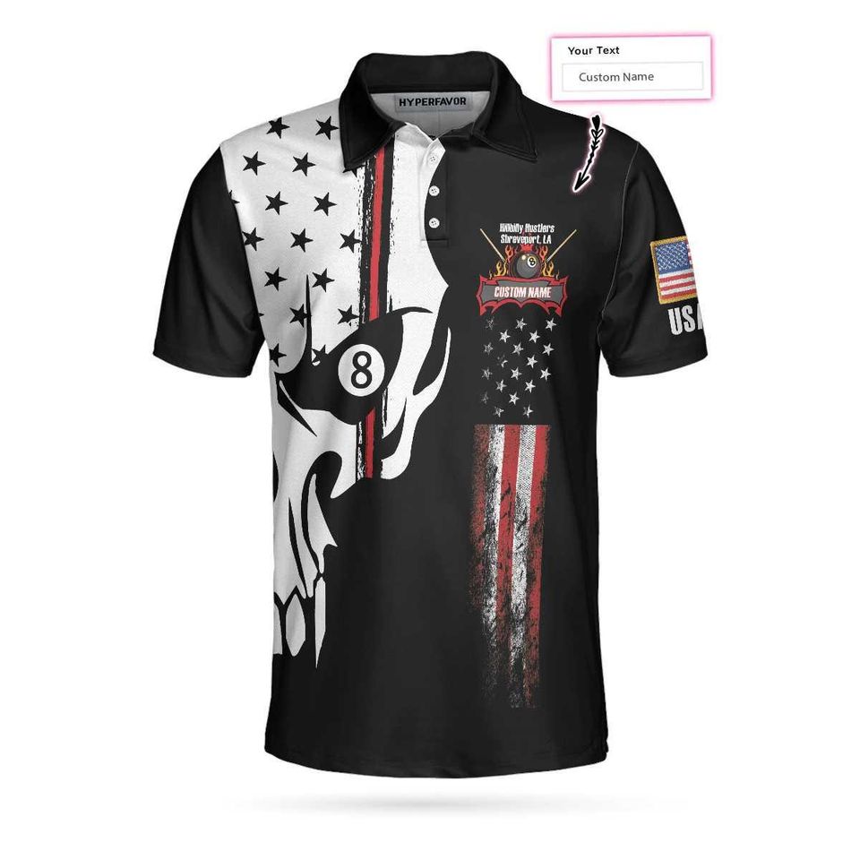 Skull Billiards Pool Polo Shirt, Patriotic Billiards Shirt
