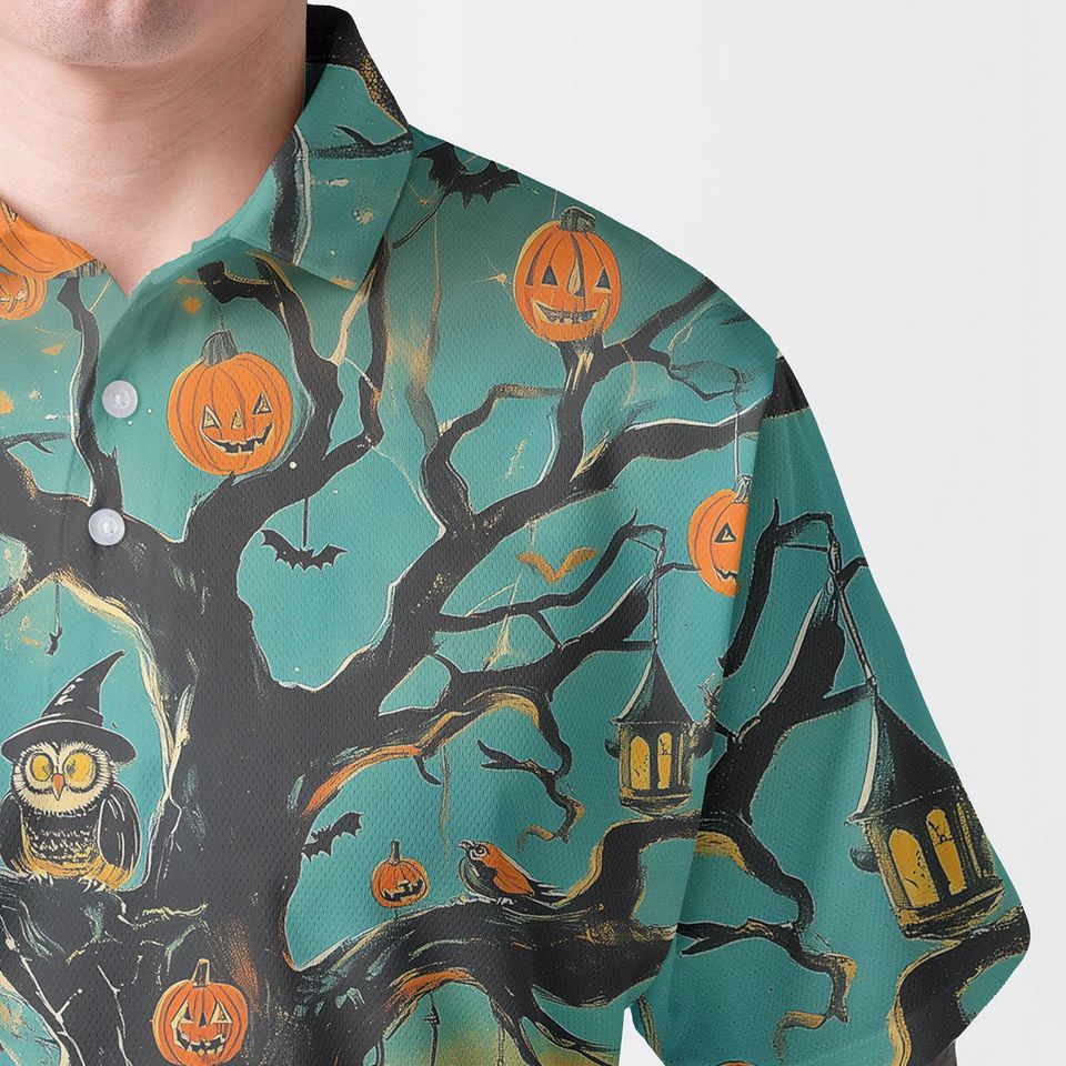 Halloween Polo Shirt, Haunted Tree Owl Pumpkin Print Polo, Spooky Bats Lanterns Design, Unisex Collared Top, Fall Party Costume Gift