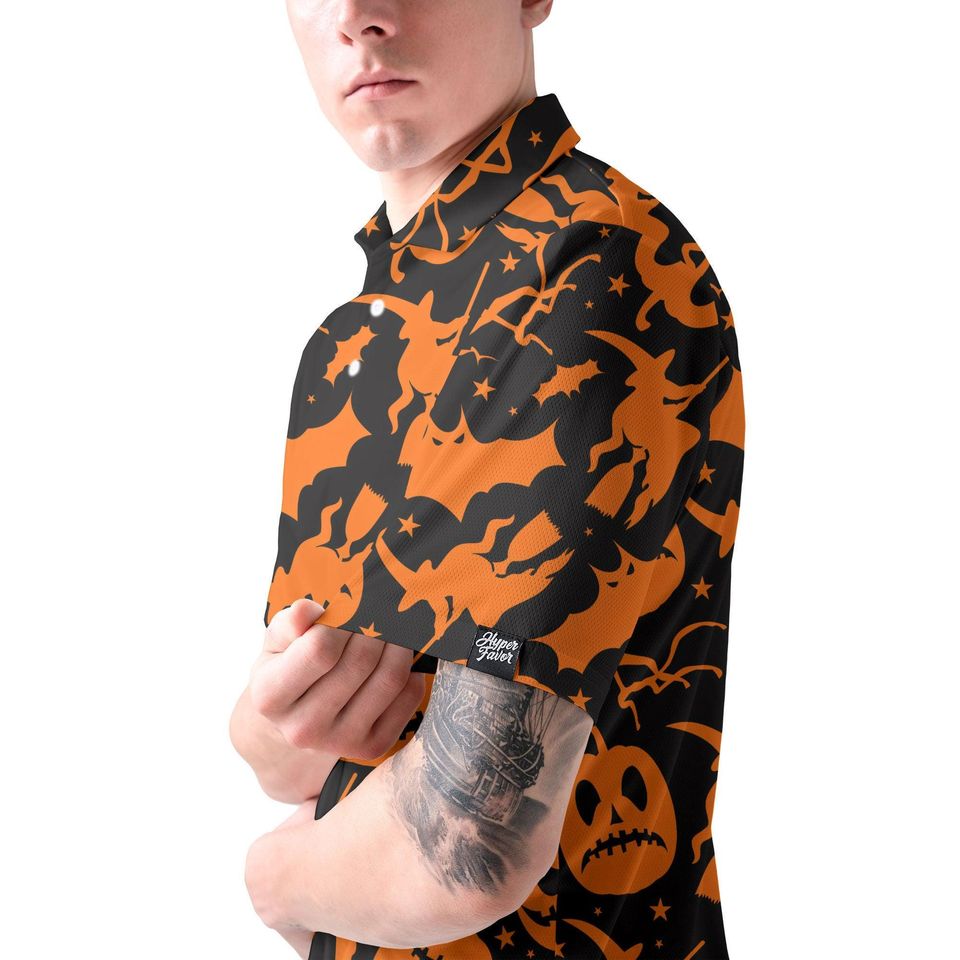 Black Orange Pumpkin Witch Bat Halloween Polo Shirt, Spooky All Over Pattern