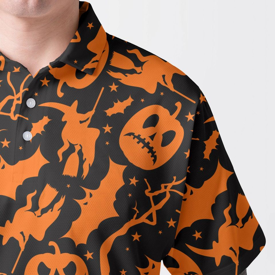 Black Orange Pumpkin Witch Bat Halloween Polo Shirt, Spooky All Over Pattern