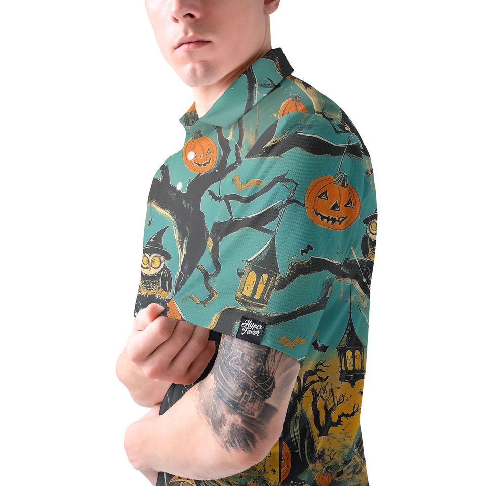 Halloween Polo Shirt, Haunted Tree Owl Pumpkin Print Polo, Spooky Bats Lanterns Design, Unisex Collared Top, Fall Party Costume Gift