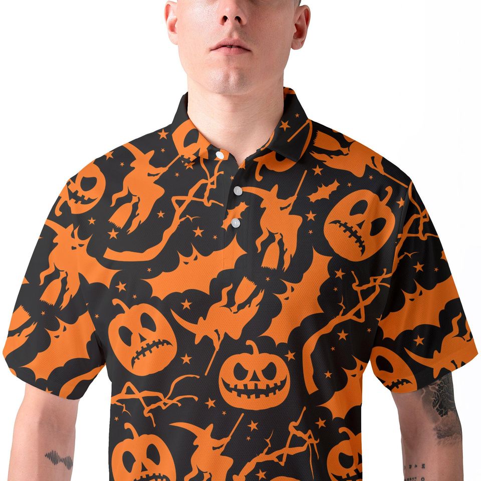 Black Orange Pumpkin Witch Bat Halloween Polo Shirt, Spooky All Over Pattern