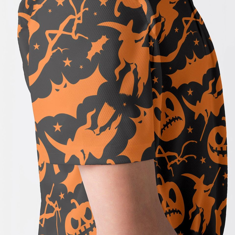 Black Orange Pumpkin Witch Bat Halloween Polo Shirt, Spooky All Over Pattern