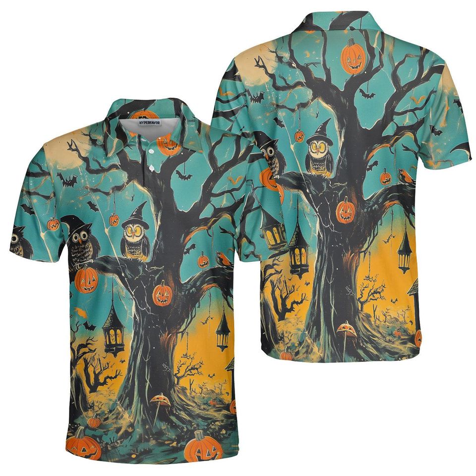 Halloween Polo Shirt, Haunted Tree Owl Pumpkin Print Polo, Spooky Bats Lanterns Design, Unisex Collared Top, Fall Party Costume Gift