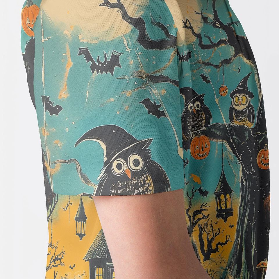 Halloween Polo Shirt, Haunted Tree Owl Pumpkin Print Polo, Spooky Bats Lanterns Design, Unisex Collared Top, Fall Party Costume Gift