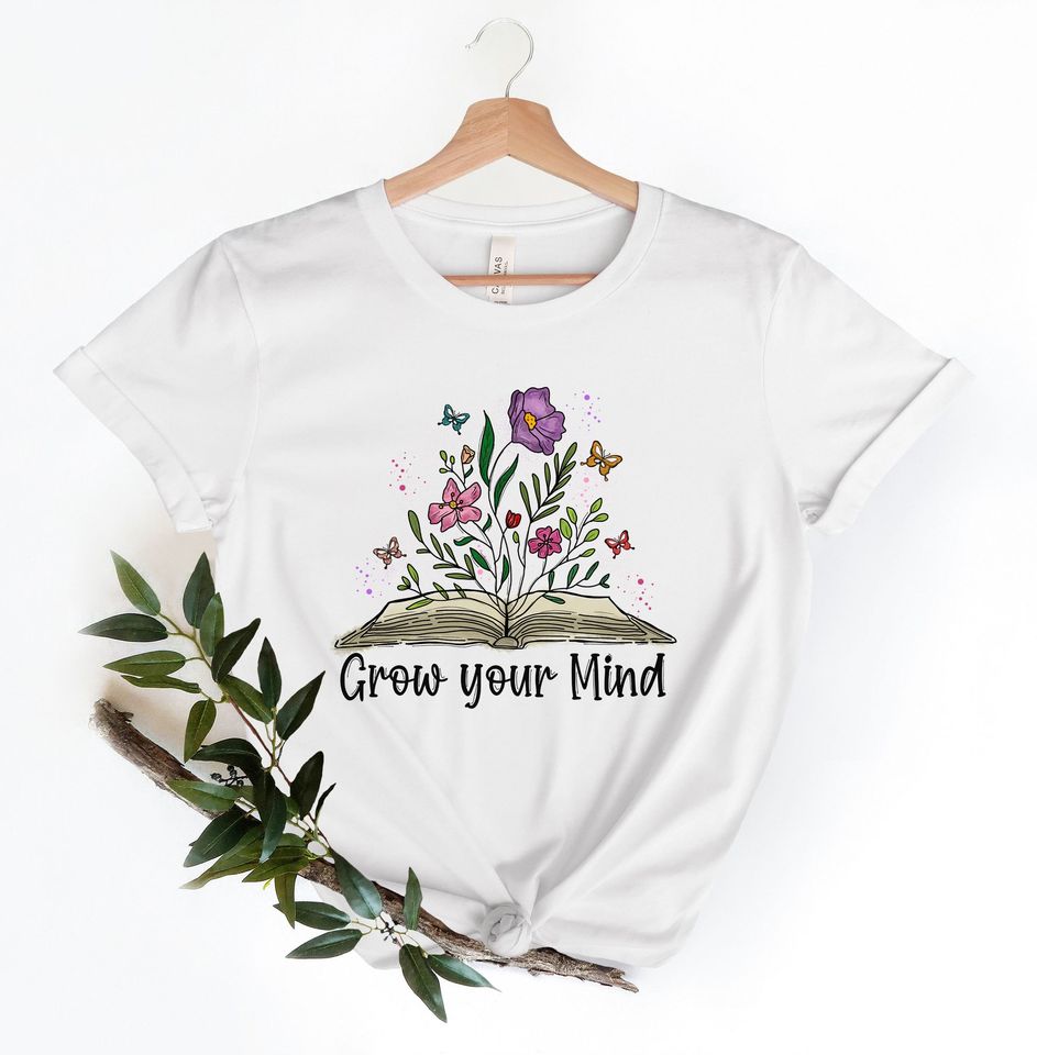 Grow Your Mind T Shirt Boho Wildflower Book Tee Summer Spring