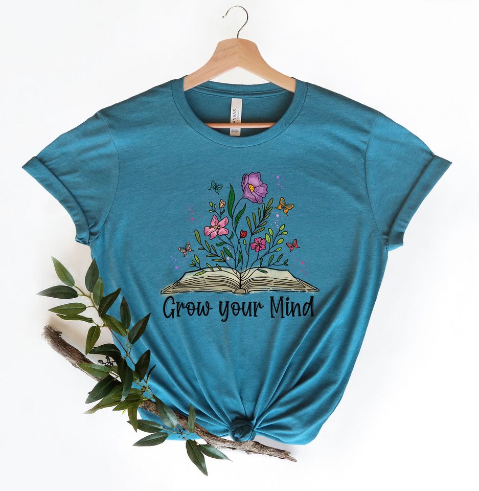 Grow Your Mind T Shirt Boho Wildflower Book Tee Summer Spring