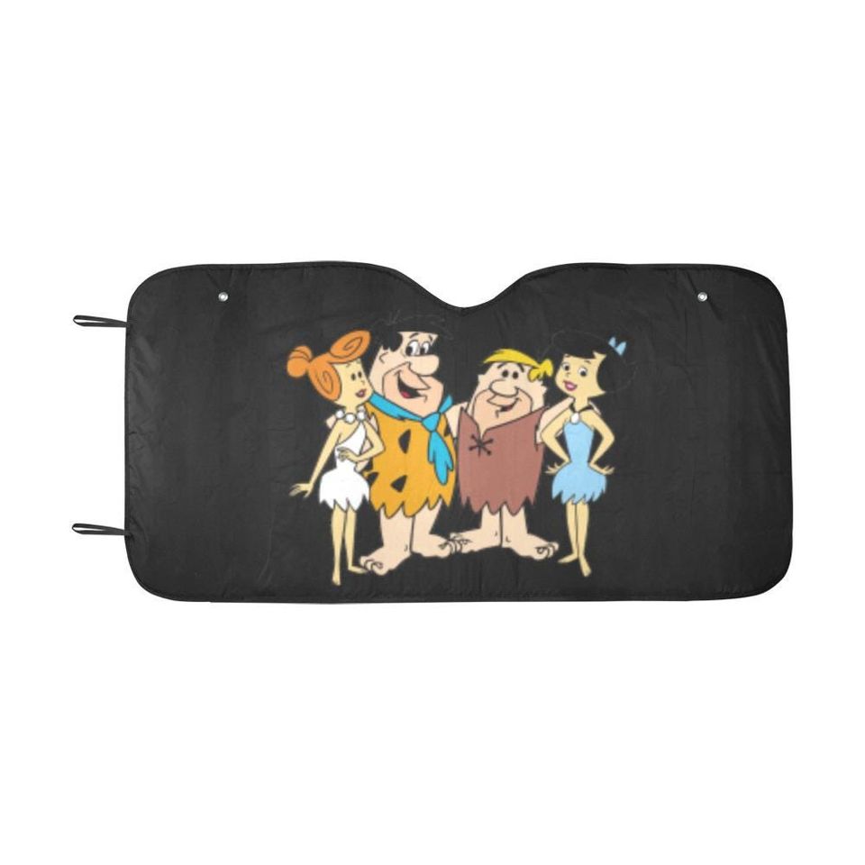 Flinstones Inspired Car Sun Shade Prehistoric Cartoon Windshield Cover Foldable UV Protector Auto Decor