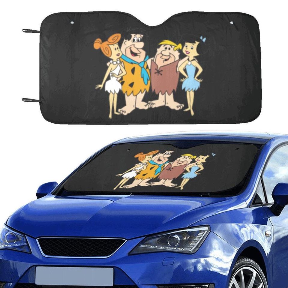 Flinstones Inspired Car Sun Shade Prehistoric Cartoon Windshield Cover Foldable UV Protector Auto Decor