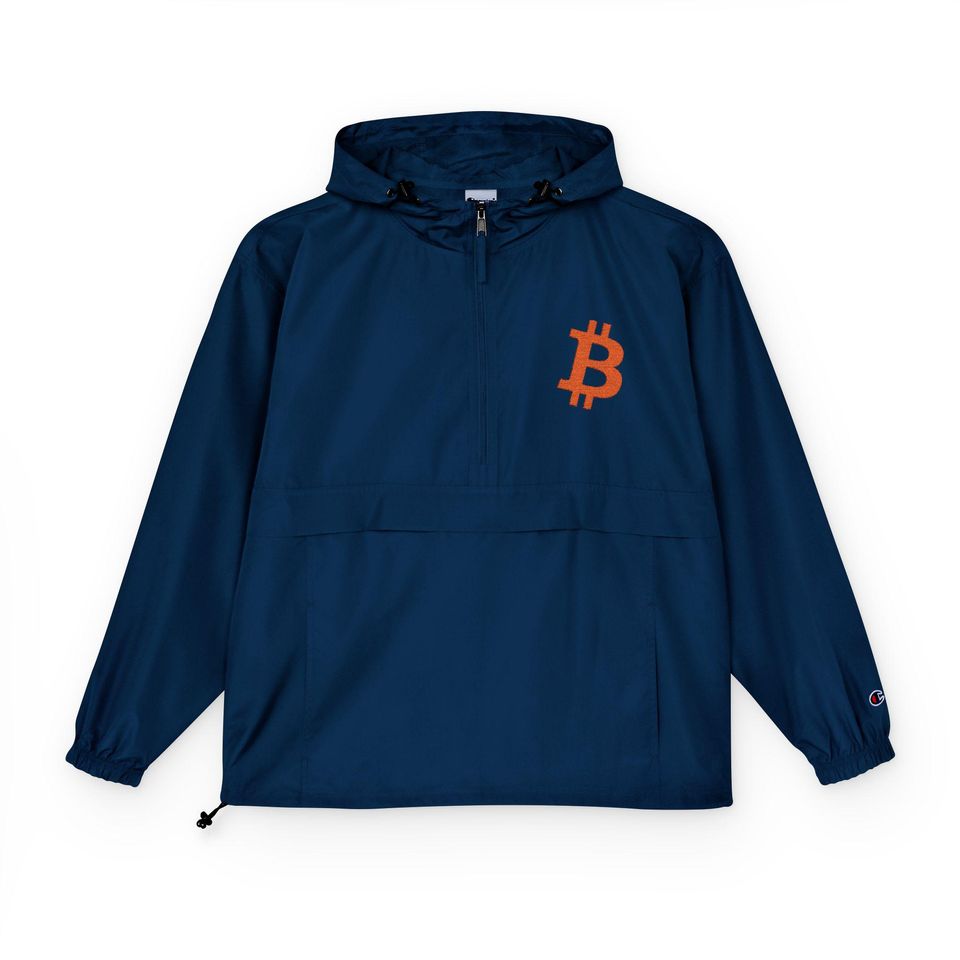 Bitcoin Champion Packable Anorak Jacket, Lightweight Rain Jacket, Bitcoin Themed Windbreaker, BTC Cryptocurrency Jacket, Bitcoin Merch