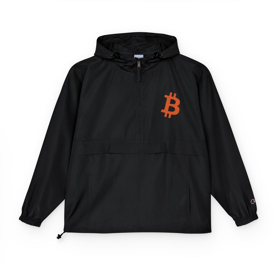Bitcoin Champion Packable Anorak Jacket, Lightweight Rain Jacket, Bitcoin Themed Windbreaker, BTC Cryptocurrency Jacket, Bitcoin Merch
