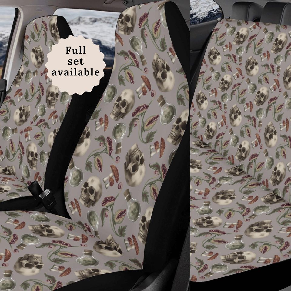 Witchy Skull Car Seat Cover For Vehicle Mushroom Steering Wheel Cover Potion Bottle Car Decor Venus Fly Trap Gray Dark Academia Car Sunshade