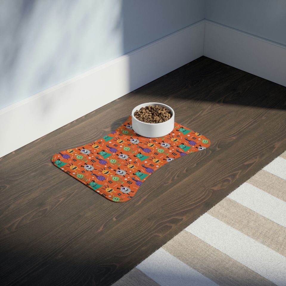 Monsters on Orange Print Pet Bowls Mats