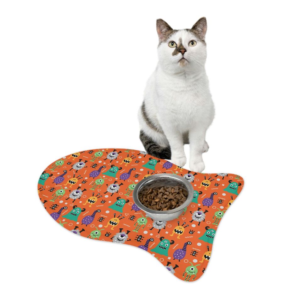 Monsters on Orange Print Pet Bowls Mats
