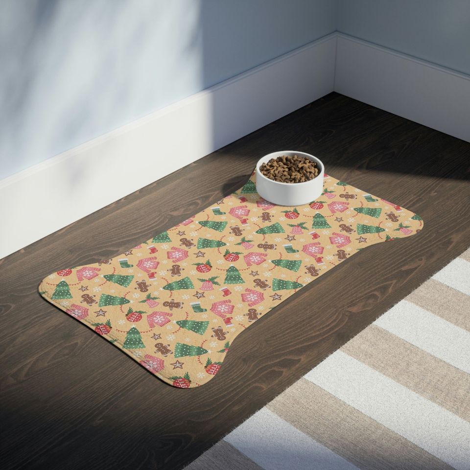 Gold Christmas Print Pet Bowls Mats