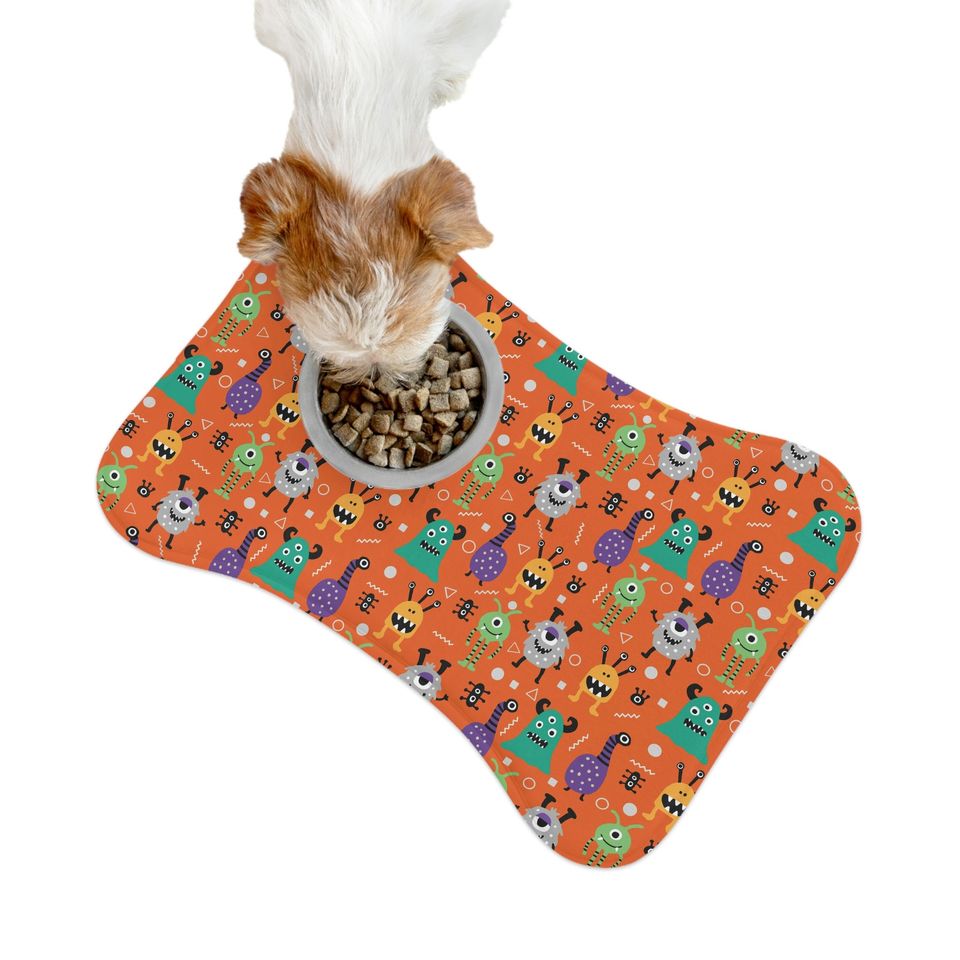 Monsters on Orange Print Pet Bowls Mats