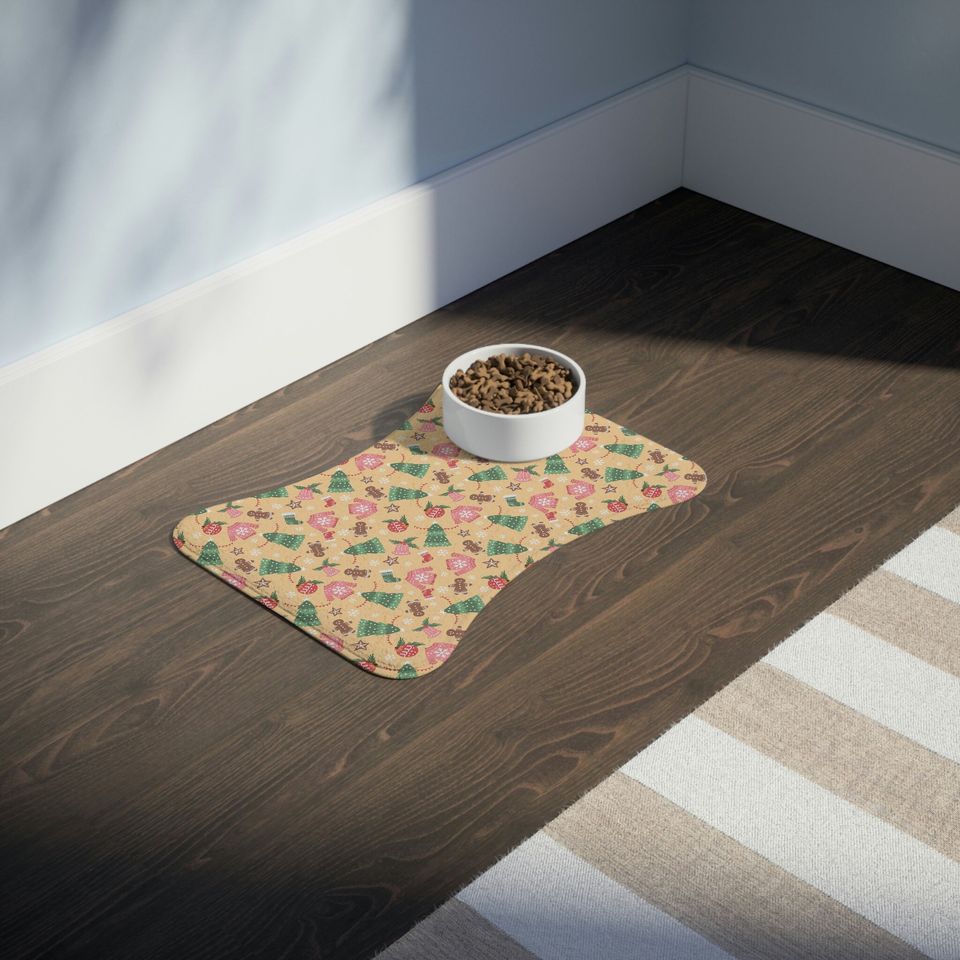 Gold Christmas Print Pet Bowls Mats