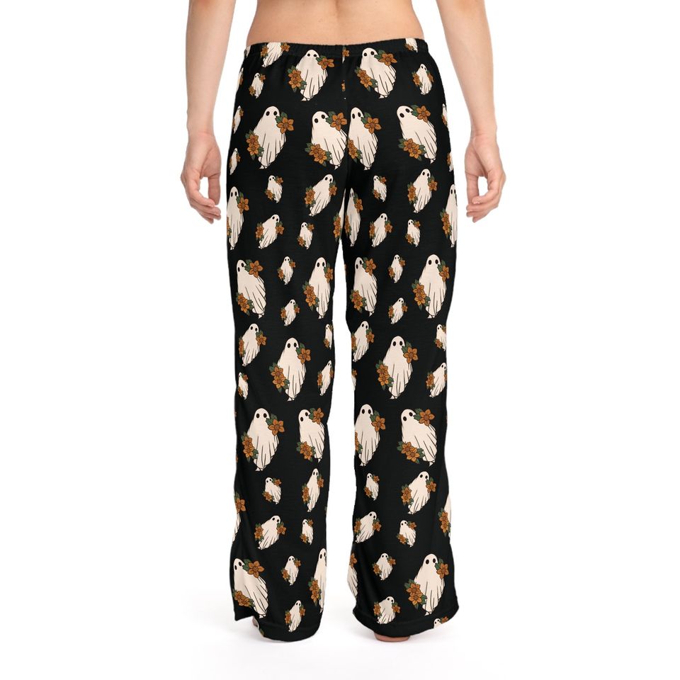 Black Boho Halloween Women's Pajama Pants, Cute Ghost PJ Pants for Halloween