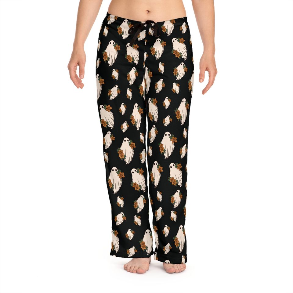 Black Boho Halloween Women's Pajama Pants, Cute Ghost PJ Pants for Halloween