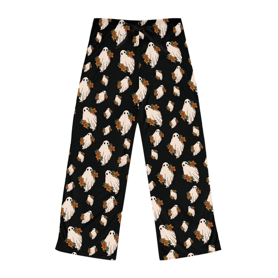Black Boho Halloween Women's Pajama Pants, Cute Ghost PJ Pants for Halloween