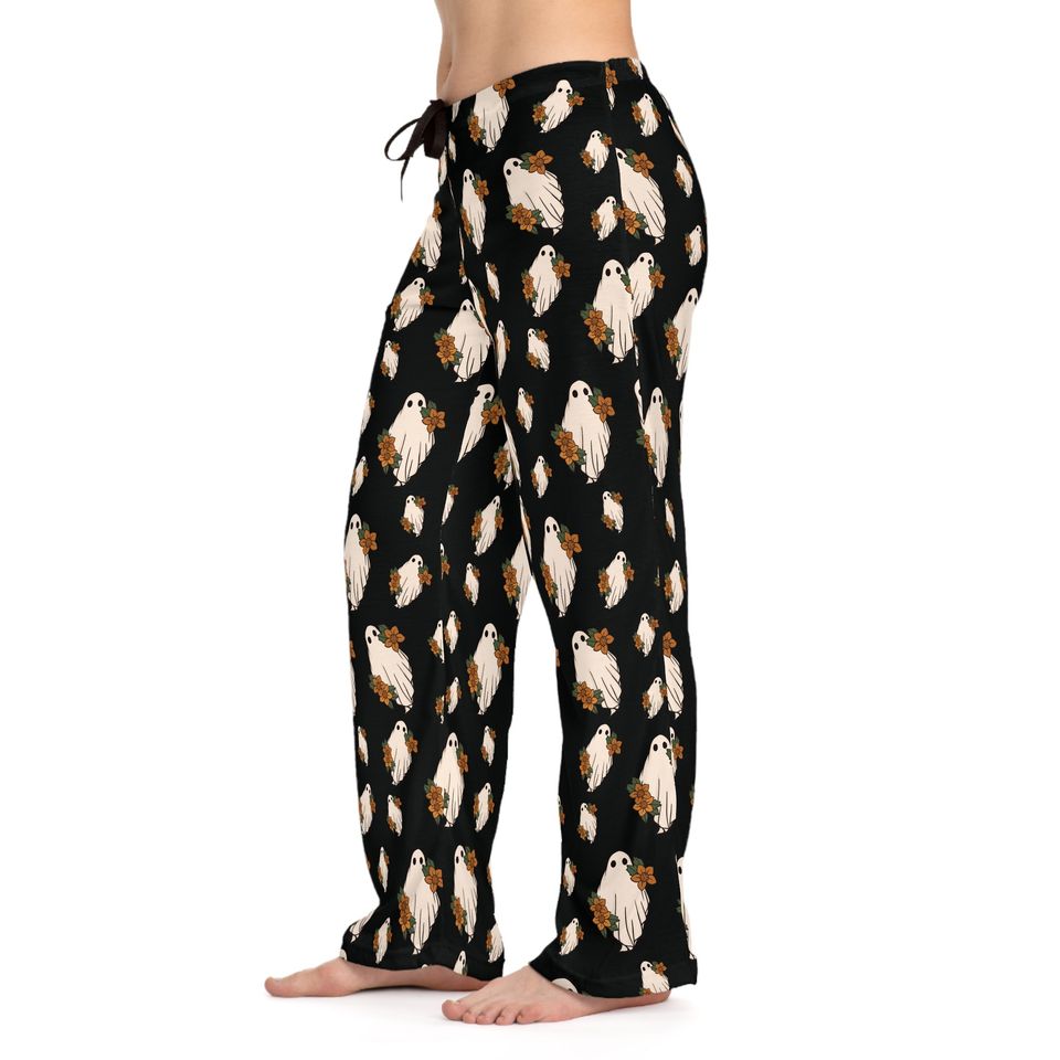 Black Boho Halloween Women's Pajama Pants, Cute Ghost PJ Pants for Halloween