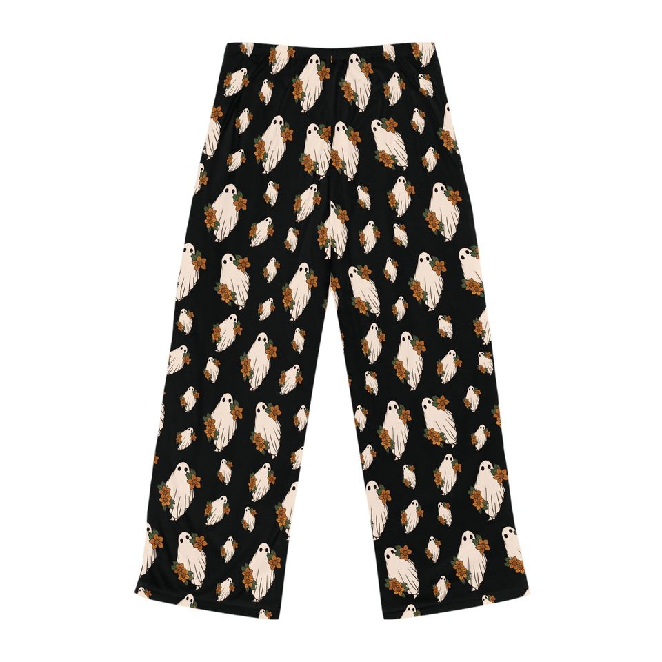 Black Boho Halloween Women's Pajama Pants, Cute Ghost PJ Pants for Halloween