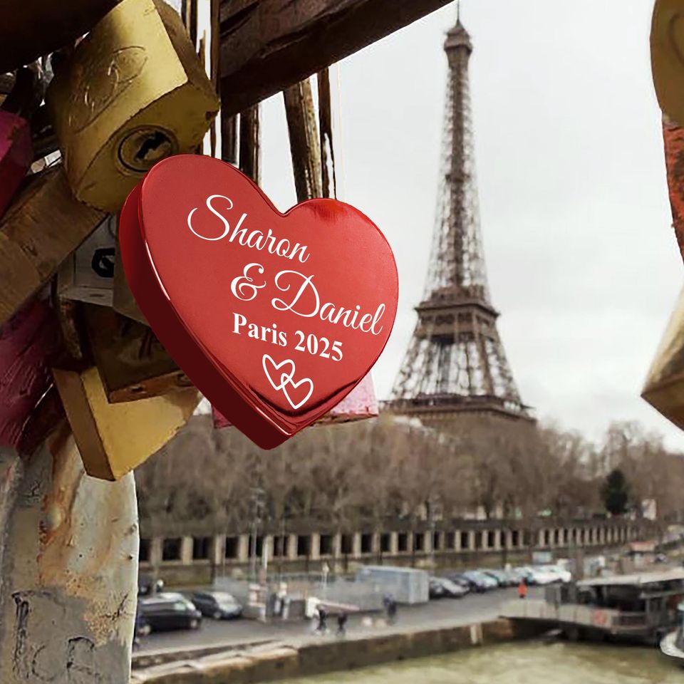 Personalized Red Heart Love Lock  Engraved Padlock with Names and Wedding Date