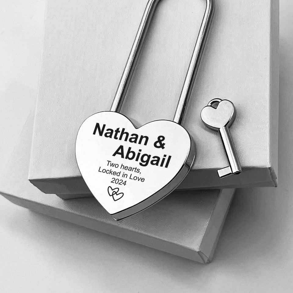 Silver Love Lock Engagement Gift, Personalized Engraved Heart Padlock