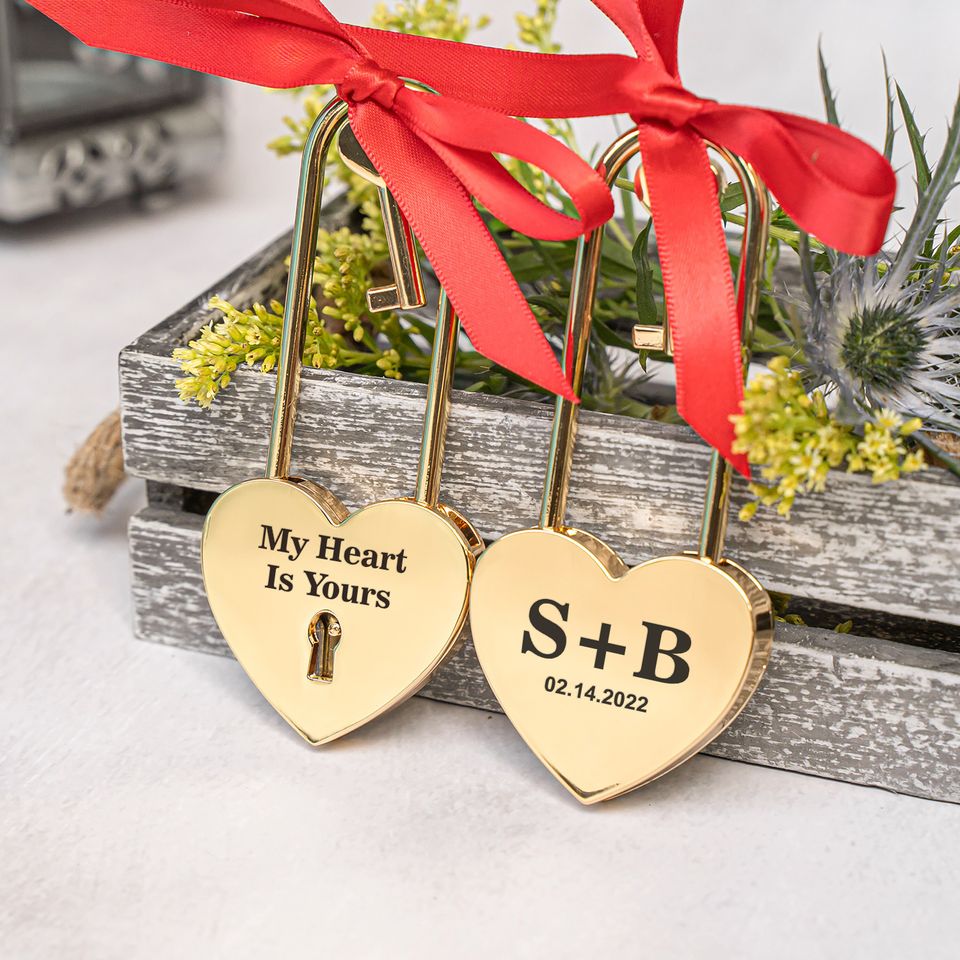Custom Engraved Gold Heart Love Lock, Padlock Gift for Couples