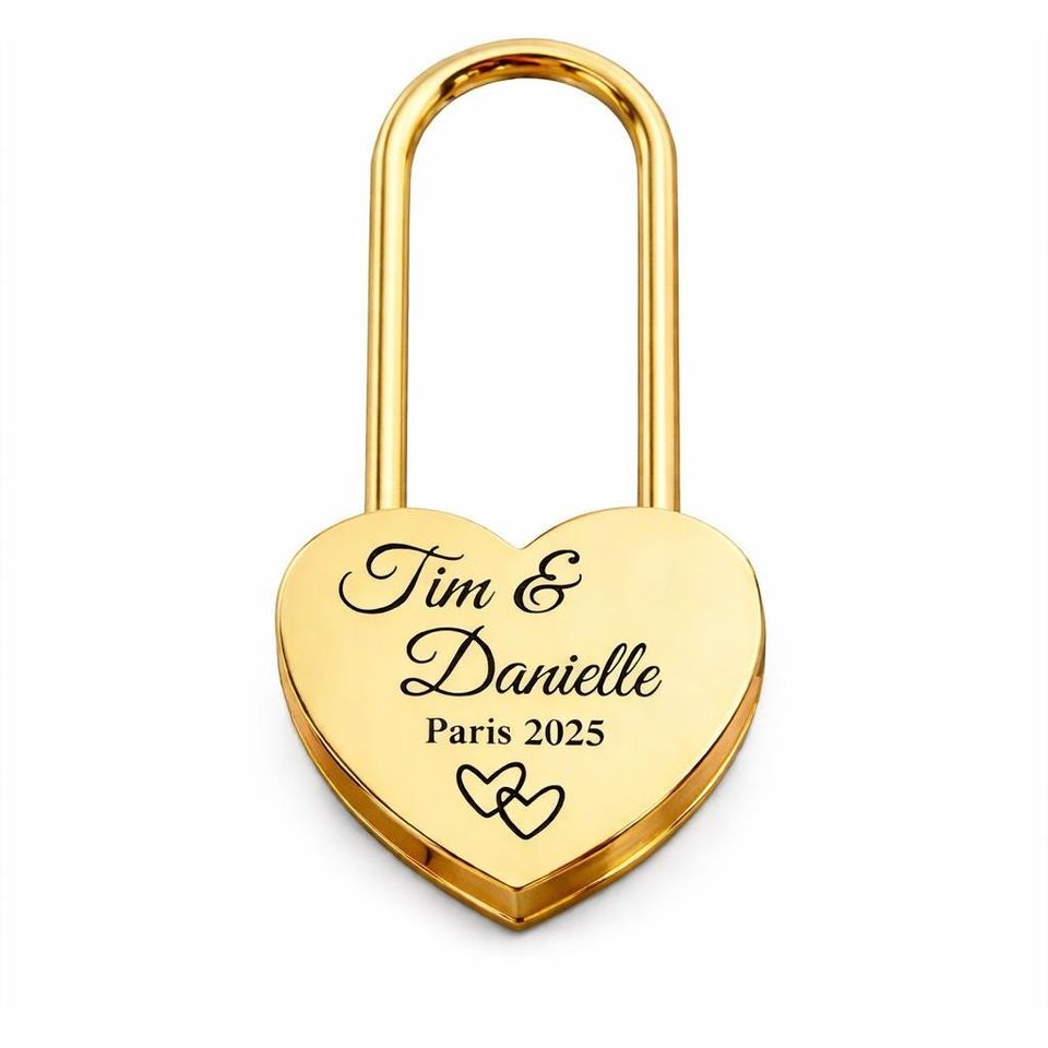 Custom Engraved Gold Heart Love Lock, Padlock Gift for Couples