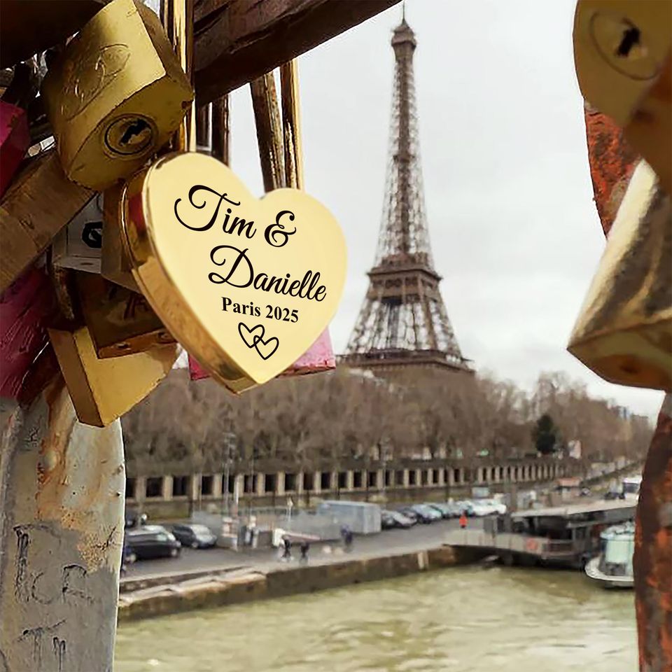 Custom Engraved Gold Heart Love Lock, Padlock Gift for Couples