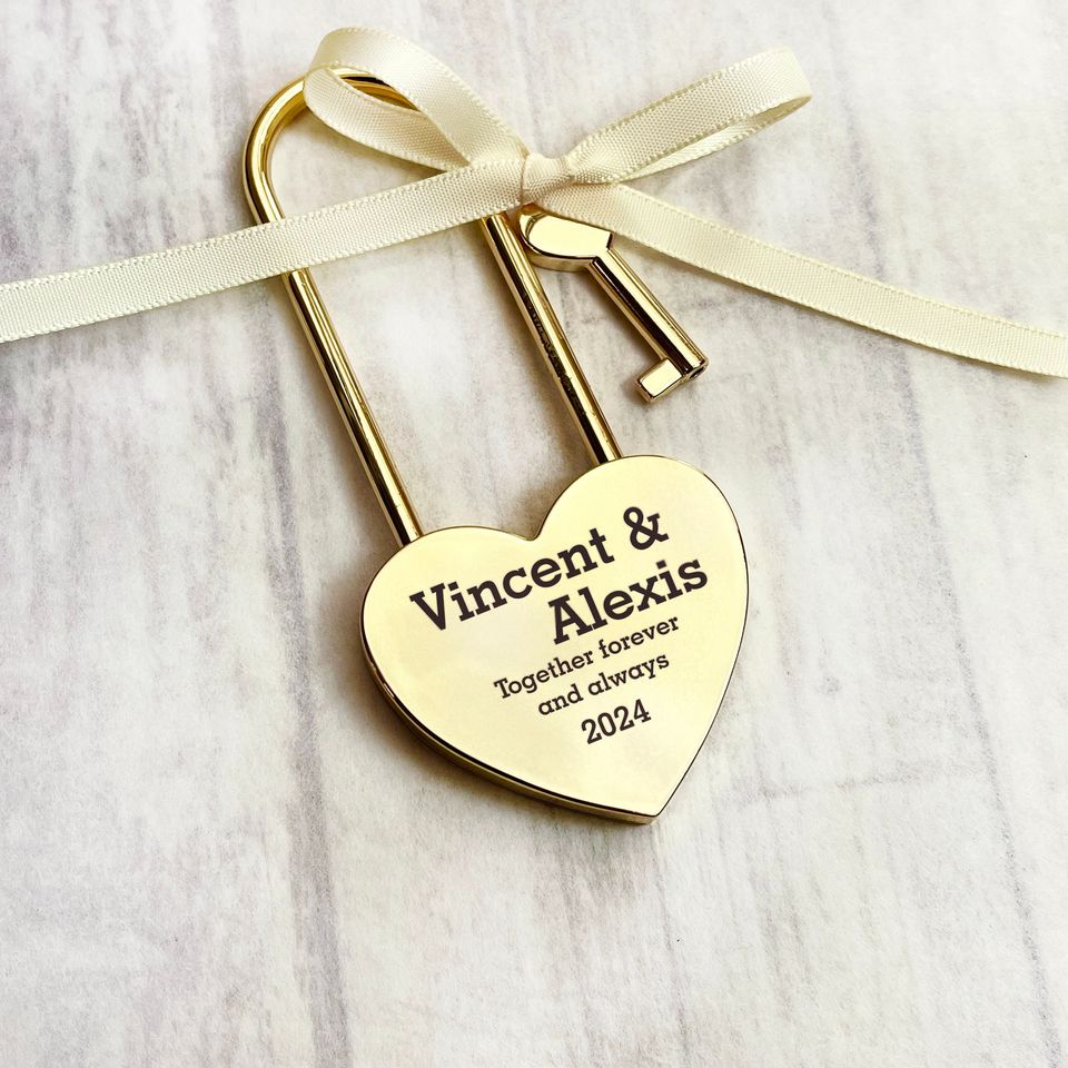 Custom Engraved Gold Heart Love Lock, Padlock Gift for Couples