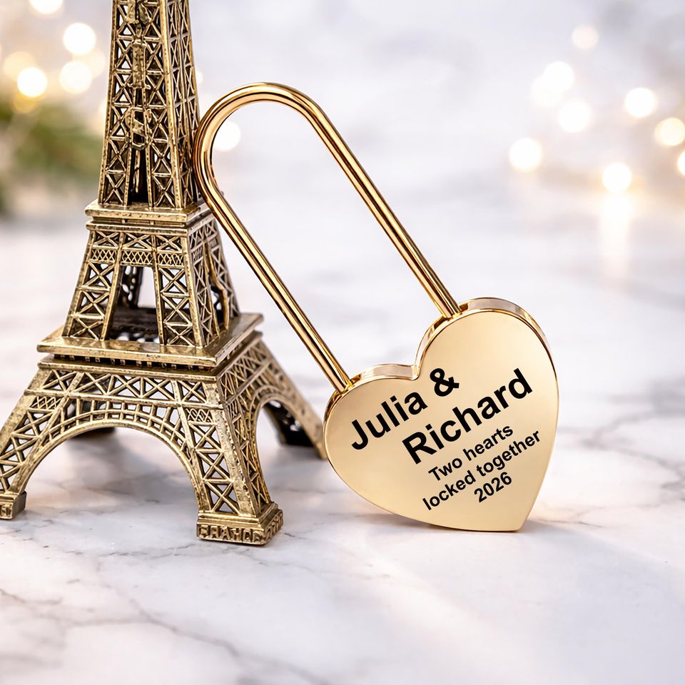 Custom Engraved Gold Heart Love Lock, Padlock Gift for Couples