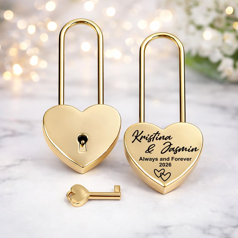 Custom Engraved Gold Heart Love Lock, Padlock Gift for Couples