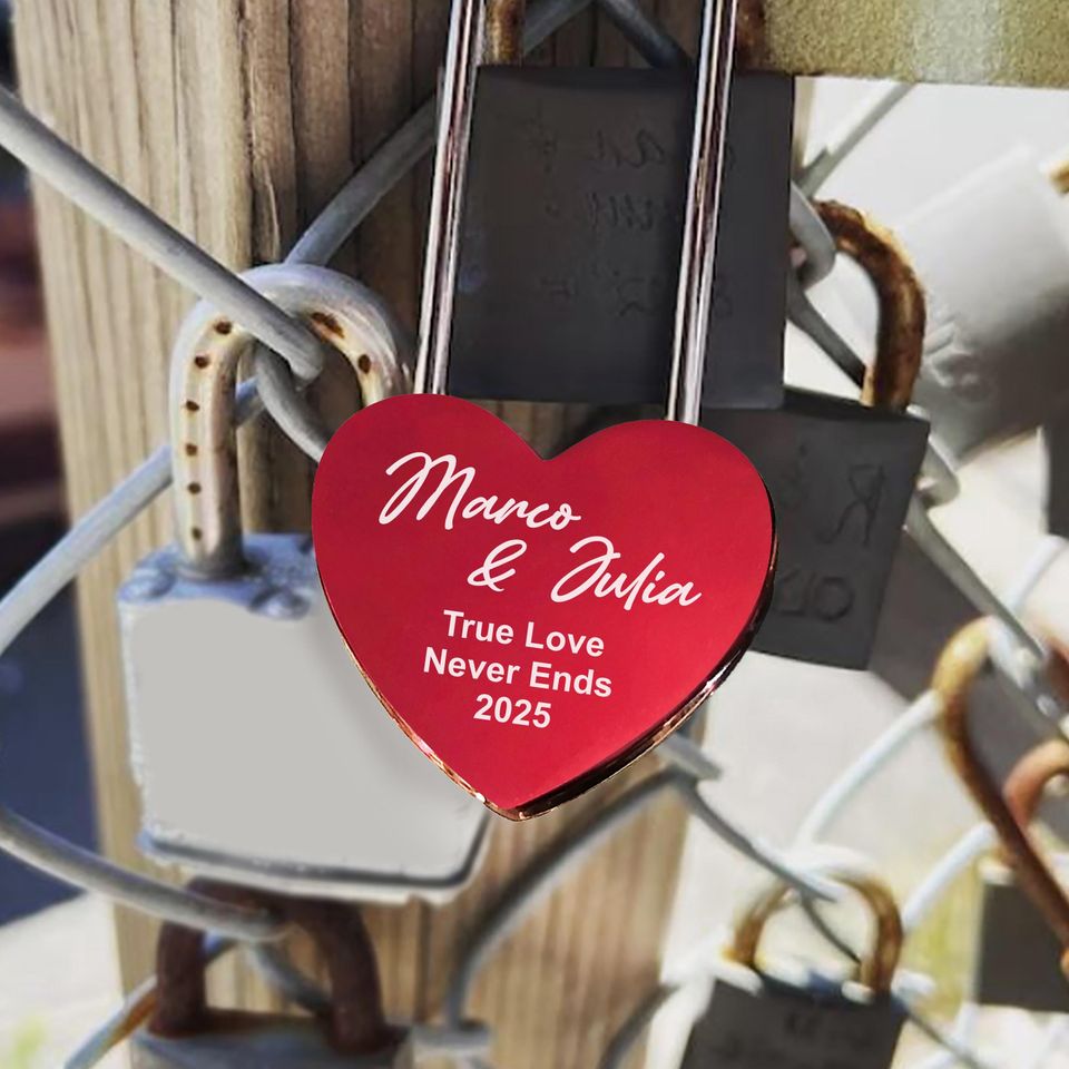 Personalized Red Heart Love Lock  Engraved Padlock with Names and Wedding Date