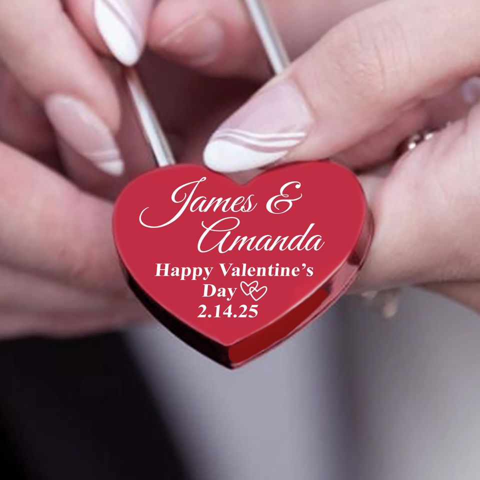 Personalized Red Heart Love Lock  Engraved Padlock with Names and Wedding Date