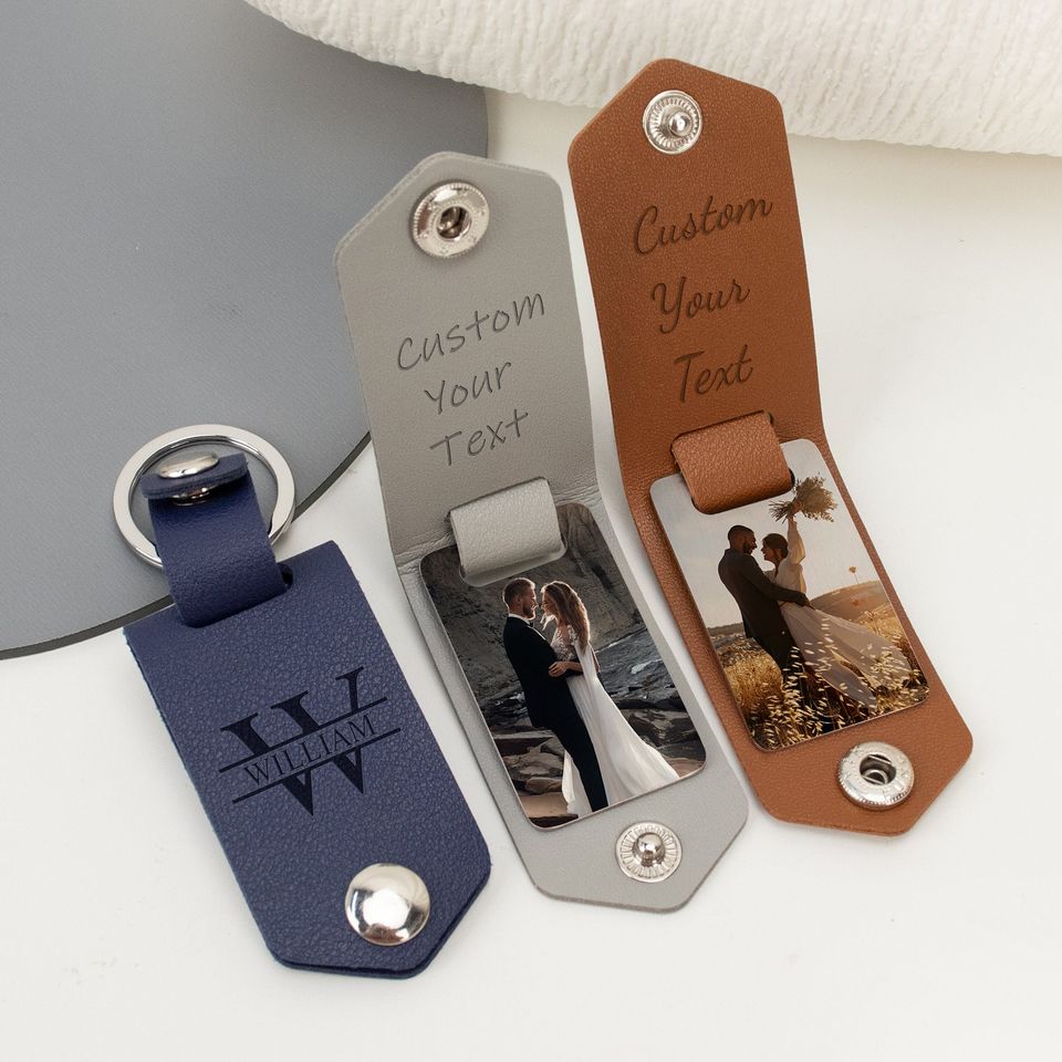 Personalized Mens Leather Keychain with Photo, Gifts for Couples, Father's Day Gift