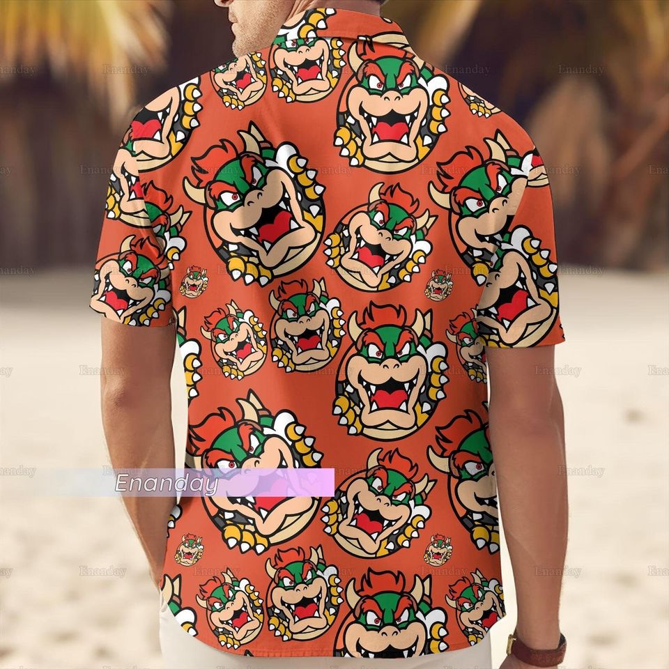 Super Mario Bowser Button Shirt, Mario Bowser Hawaiian Shirt, Bowser Beach Shorts
