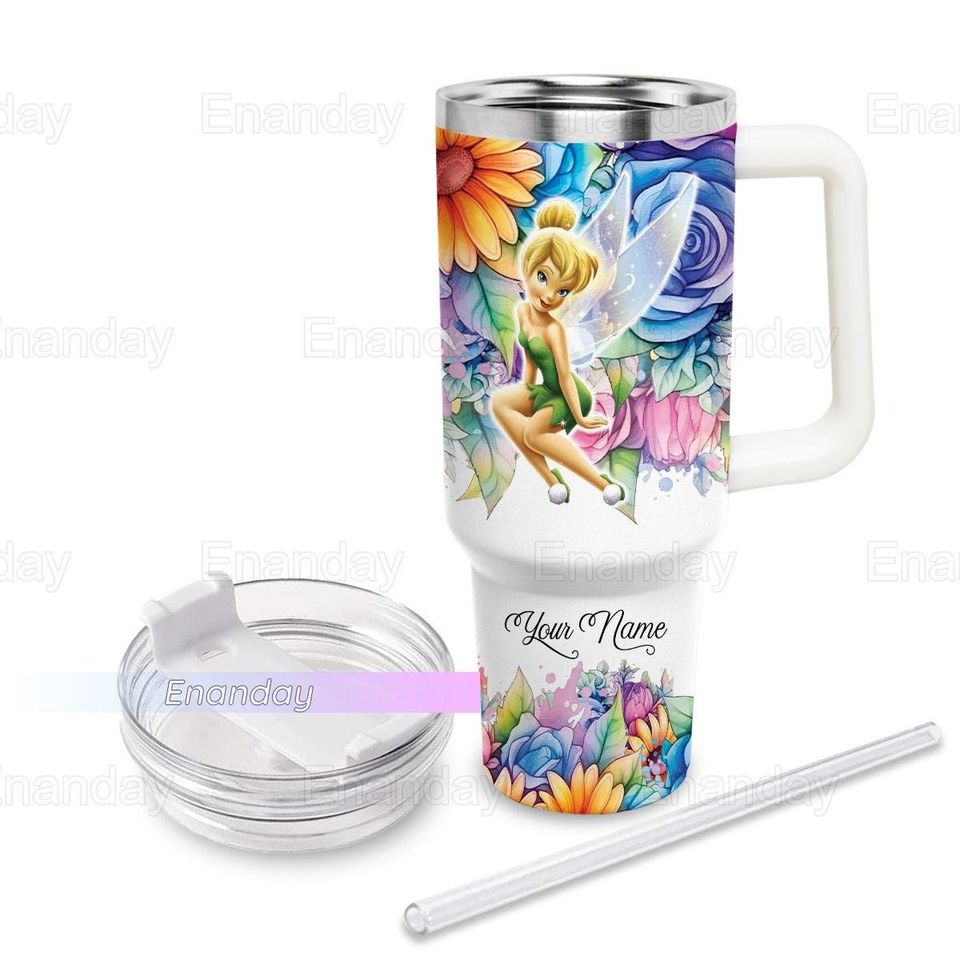 Tinker Bell Tumbler 40oz, Custom Tinker Bell Tumbler, It's Fine I'm Fine Tumbler, Tinker Bell Flower Pattern Tumbler, Gift For Her