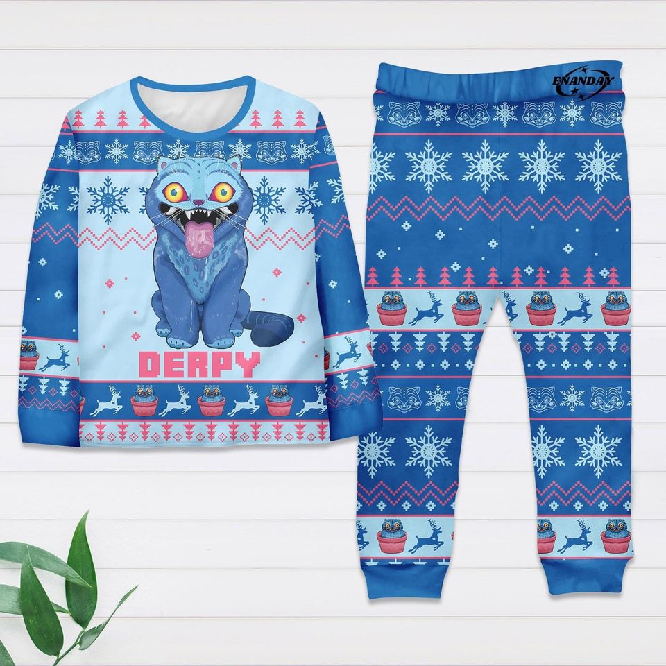 Derpy Tiger Family Christmas Pajamas Set, Demon Style Matching PJs, Holiday Sleepwear for Mom Dad Kids, Funny Festive Gift