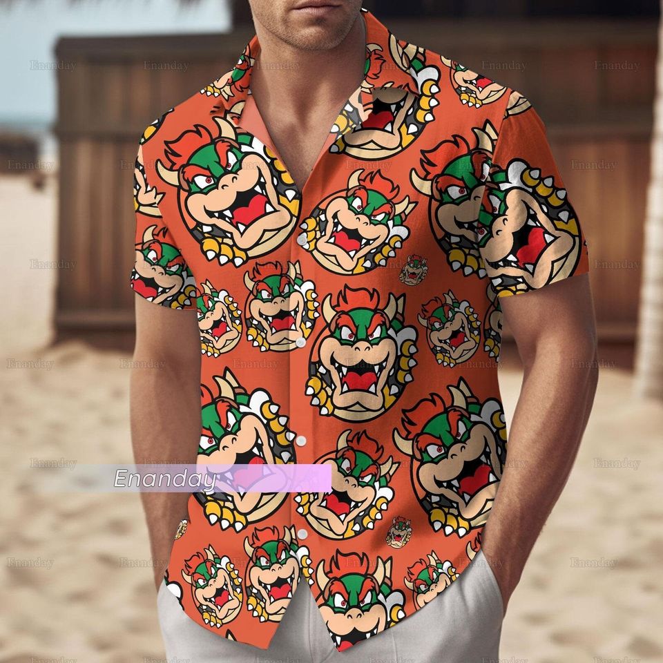Super Mario Bowser Button Shirt, Mario Bowser Hawaiian Shirt, Bowser Beach Shorts