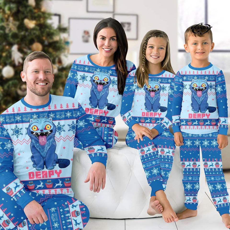 Derpy Tiger Family Christmas Pajamas Set, Demon Style Matching PJs, Holiday Sleepwear for Mom Dad Kids, Funny Festive Gift