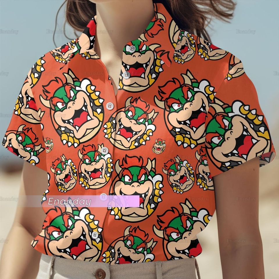 Super Mario Bowser Button Shirt, Mario Bowser Hawaiian Shirt, Bowser Beach Shorts