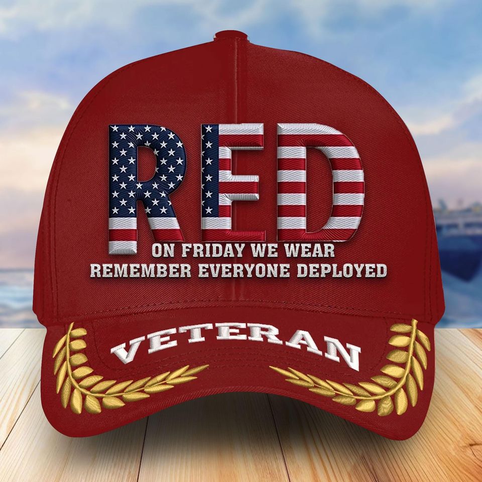 Embroidered RED Veteran Caps, Remember Everyone Deployed Veteran Hat
