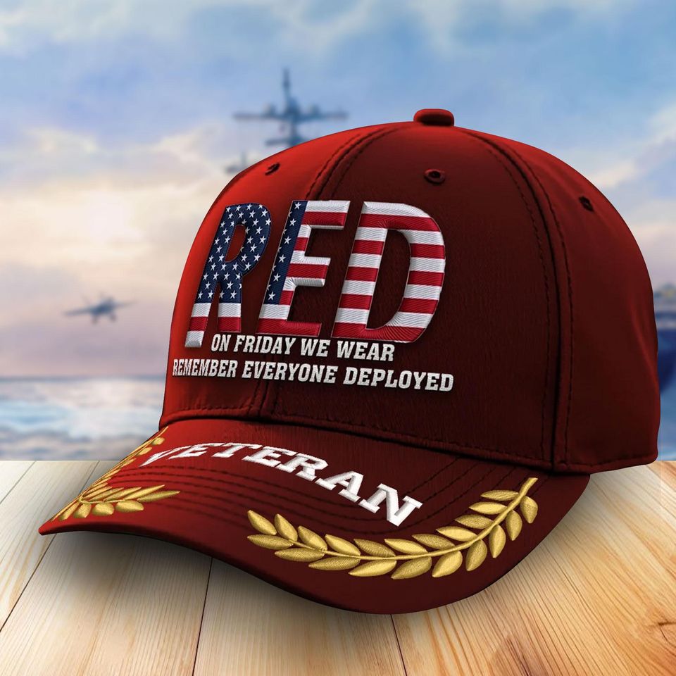 Embroidered RED Veteran Caps, Remember Everyone Deployed Veteran Hat