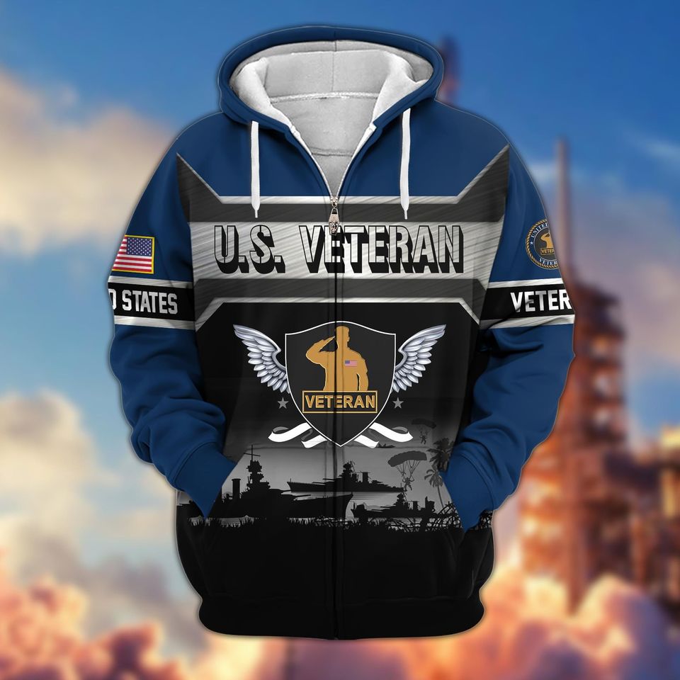 Veteran Zip Up Hoodie Military Jacket Patriotic Sweatshirt Veterans Day Gift