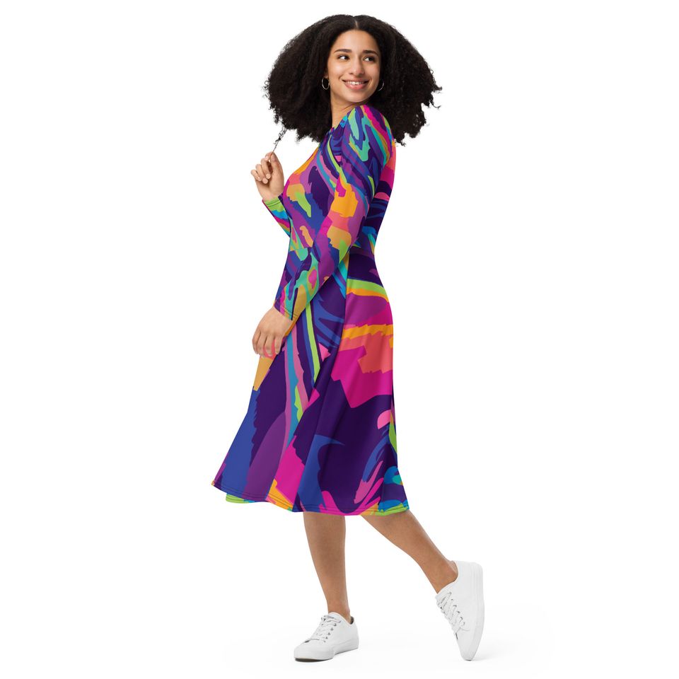 All-Over Print Long Sleeve Midi Dress for Women