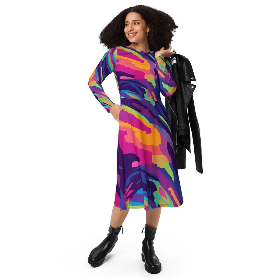 All-Over Print Long Sleeve Midi Dress for Women