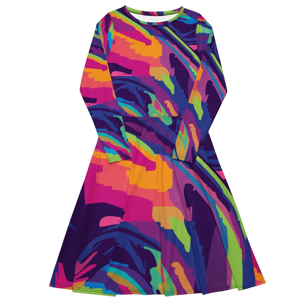 All-Over Print Long Sleeve Midi Dress for Women
